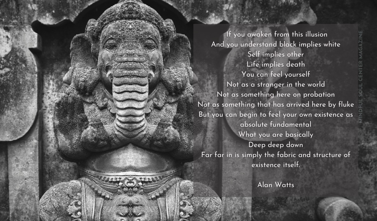 If you awaken from this illusion ...quote by Alan Watts image with Lord Ganesha Statue