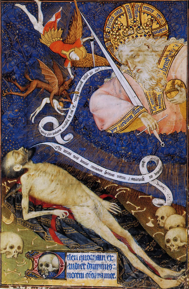 Le Mort devant son juge Painting from Grandes heures de Rohan: The dead man before God. A demon attempts to steal his soul, but is attacked by St Michael the Archangel. Public Domain image from 15th century