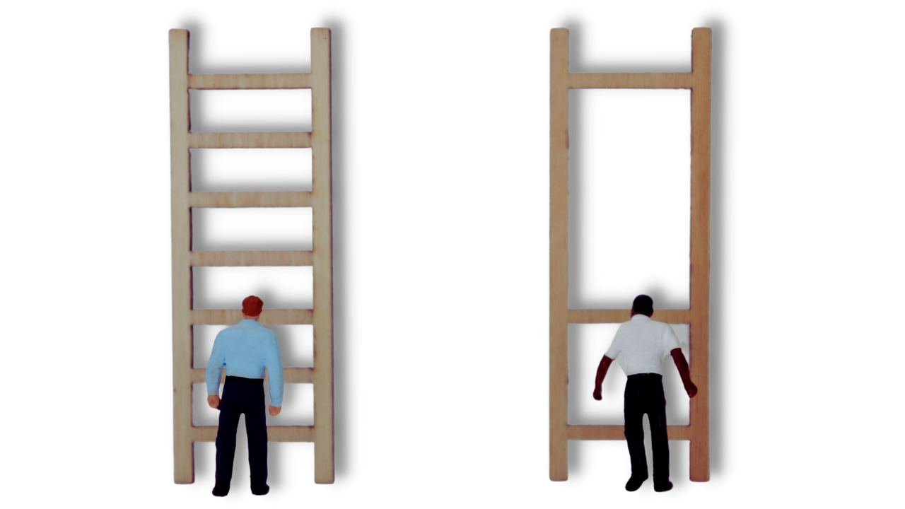 two men facing ladders with different skin colors and different ladders transparent background