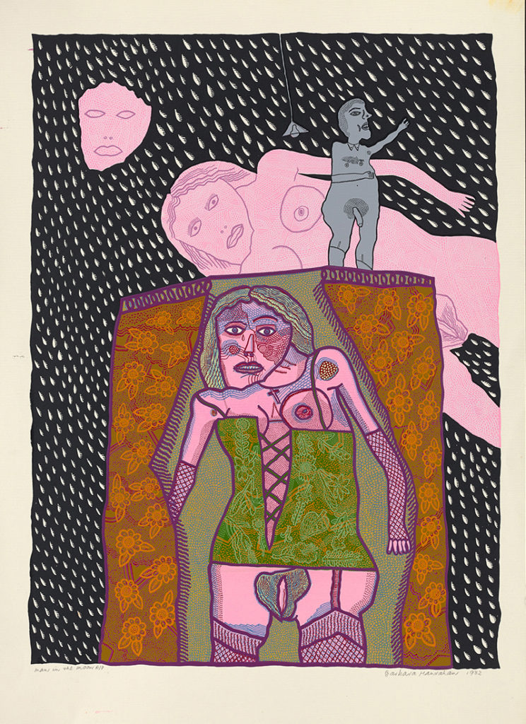 Barbara Hanrahan, Man in the Moon, 1982, screenprint, colour inks on cream paper, 70 x 52, Gift of Jonathan P Steele, Flinders University Museum of Art, Adelaide 5767, © the Estate of the artist, courtesy Susan Sideris 2020