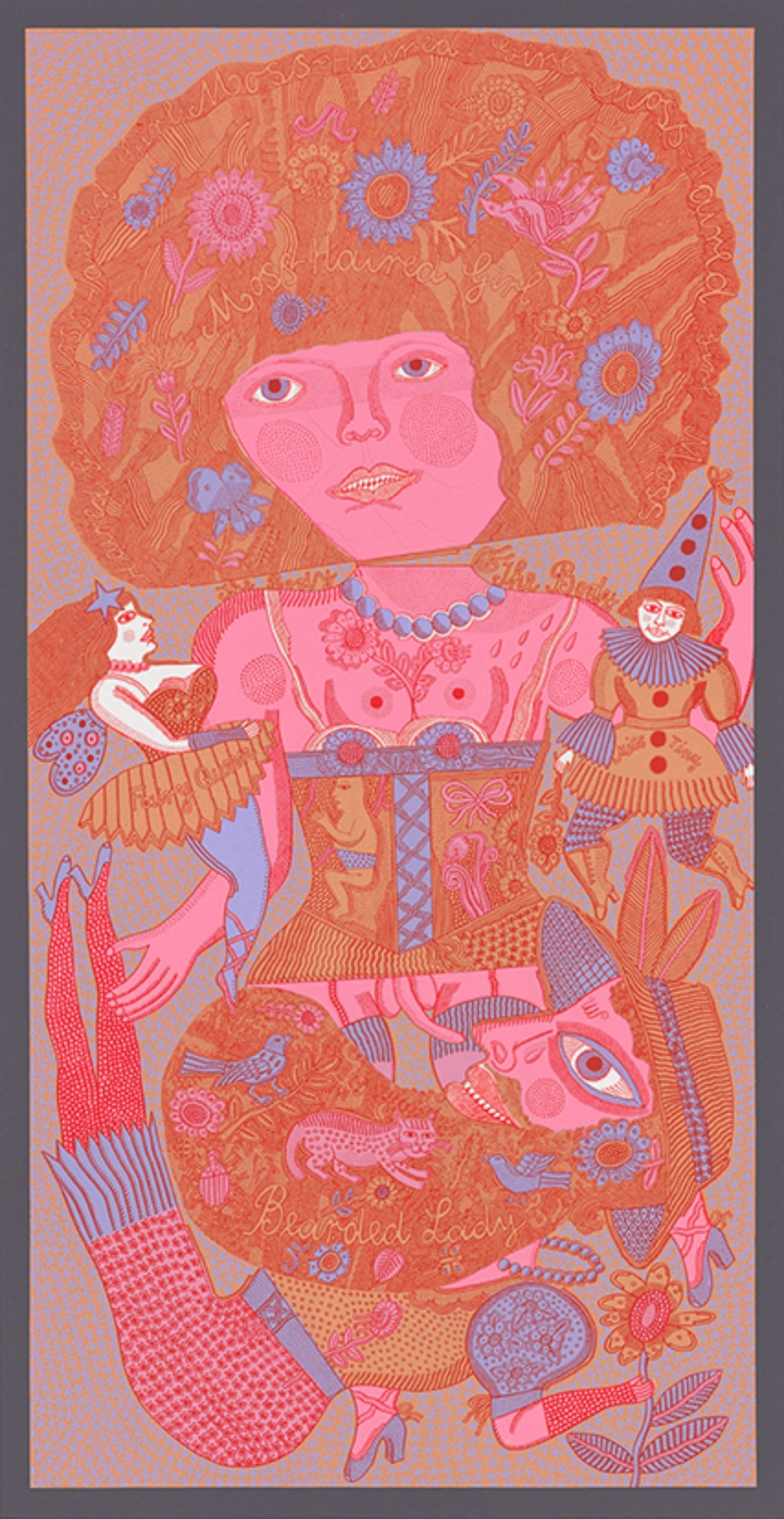  Barbara Hanrahan, Moss-haired girl, 1977. Screenprint, colour inks on paper, 63.3 x 33.1 cm. Gift of Jonathan P Steele, Flinders University Museum of Art, Adelaide 5769. © the Estate of the artist, courtesy Susan Sideris 2020 