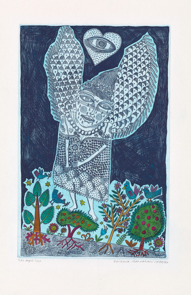 Barbara Hanrahan, The angel 1989-90. Hand-coloured etching, colour inks on paper, 34.8 x 22 cm. Private collection, Adelaide. © the Estate of the artist, courtesy Susan Sideris 2020