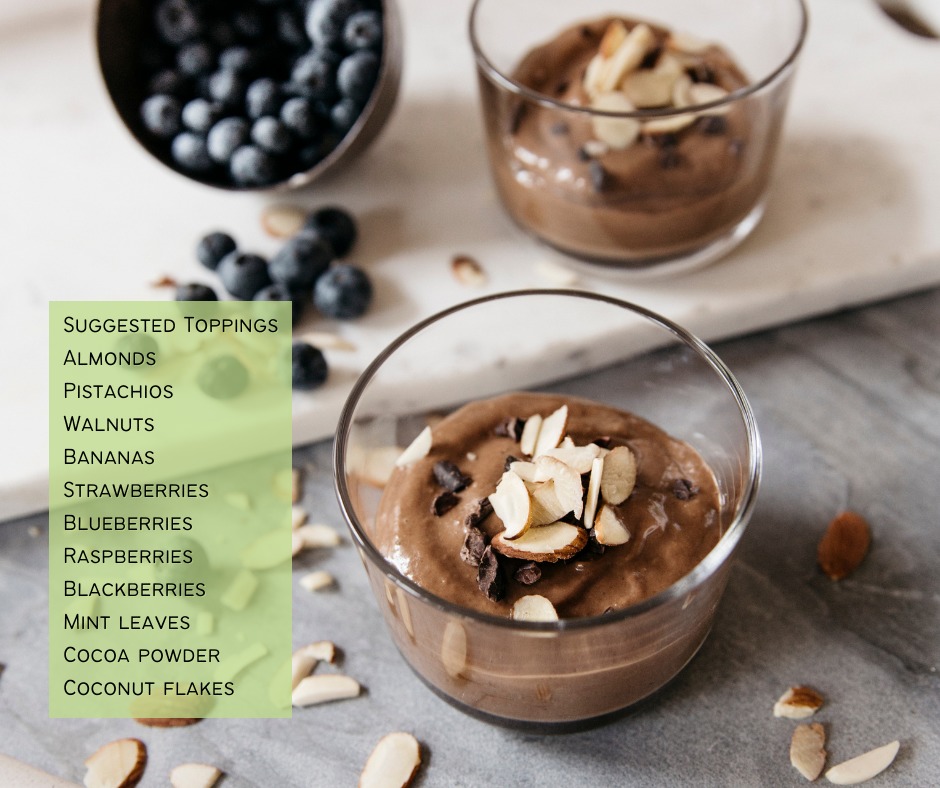 Vegan Chocolate Mousse with list of suggested toppings - Mindful Soul Center Magazine