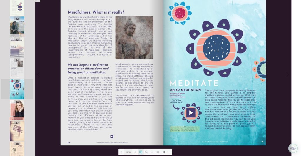 Screenshot of PDF version and flipbook of Mindful Soul Center Magazine