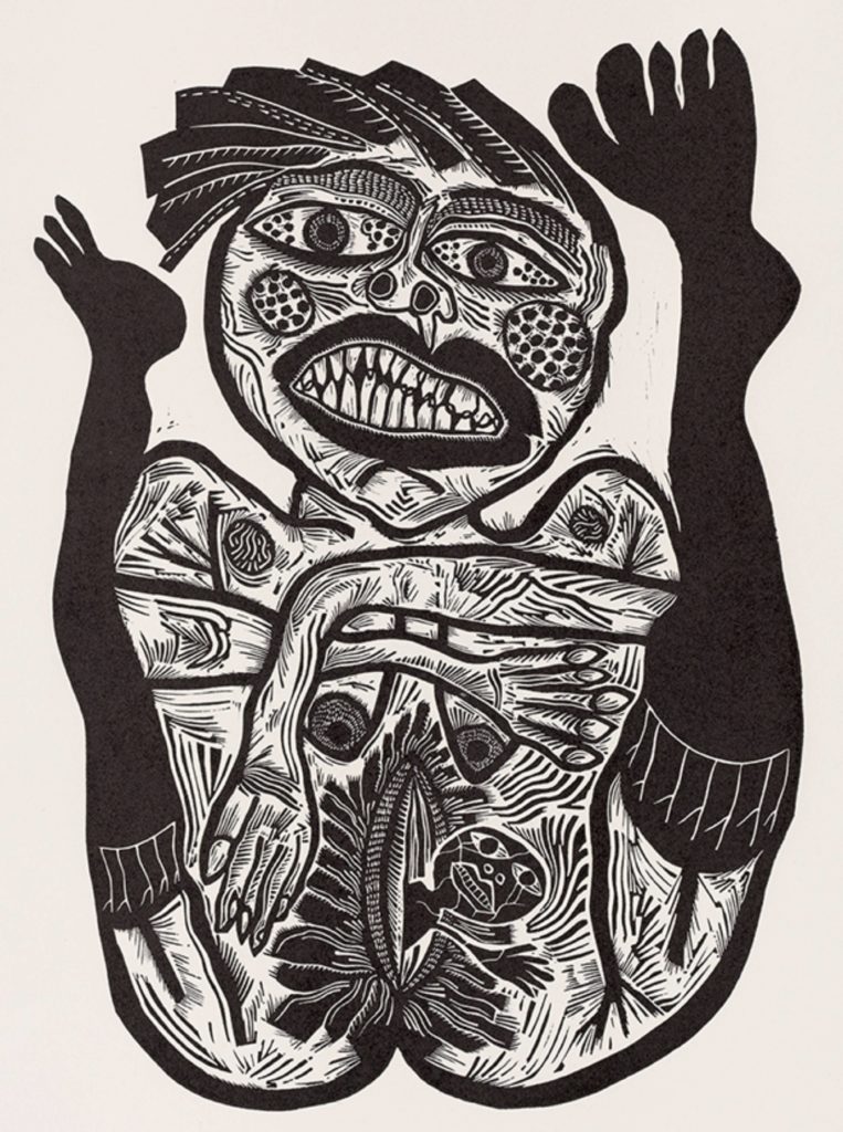 Barbara Hanrahan, Jonathan P Steele (collaborating printer), Birth, 1986. Linocut, ink on paper 57.8 x 40.5 cm (image, irreg.), ed 16/25. Gift of Jonathan P. Steele, Flinders University Museum of Art, Adelaide 5768. © the Estate of the artist, courtesy Susan Sideris 2020