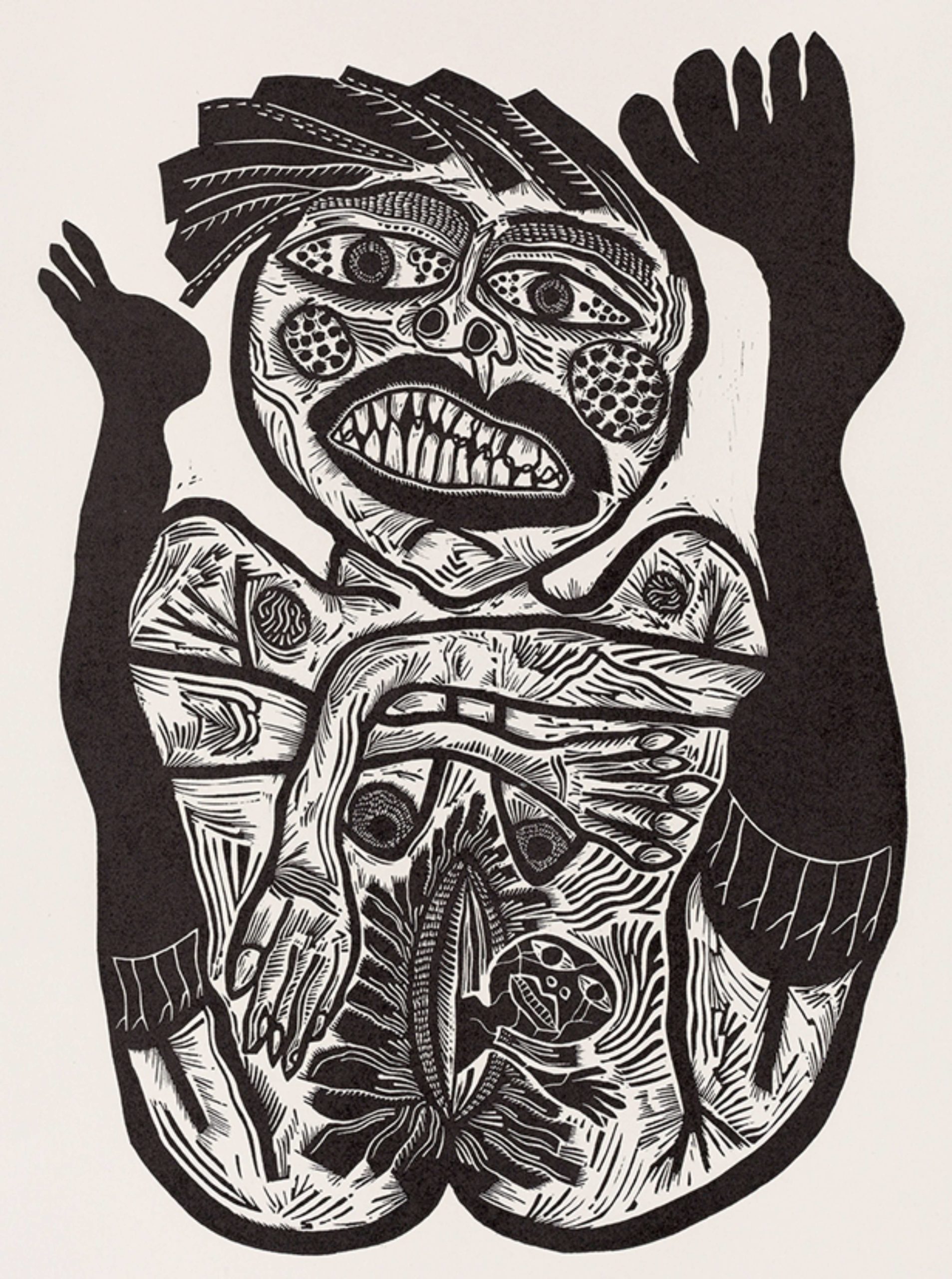  Barbara Hanrahan, Jonathan P Steele (collaborating printer), Birth, 1986. Linocut, ink on paper 57.8 x 40.5 cm (image, irreg.), ed 16/25. Gift of Jonathan P. Steele, Flinders University Museum of Art, Adelaide 5768. © the Estate of the artist, courtesy Susan Sideris 2020 