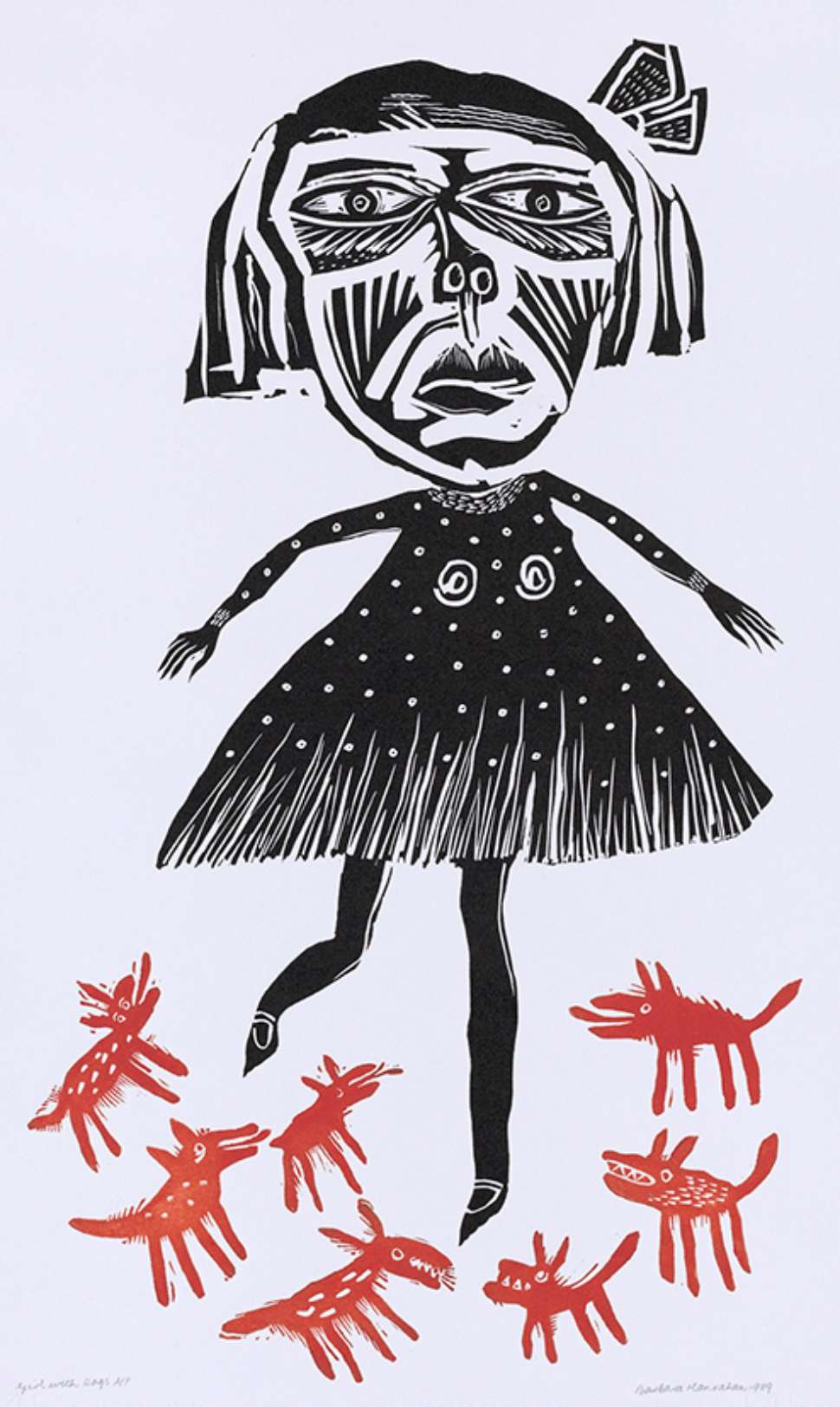 Barbara Hanrahan, Jonathan P Steele (collaborating printer), Girl with dogs, 1989. Linocut, black and red inks on paper, 62.5 x 36.5 cm (image, irreg.), artist’s proof. Private collection, Adelaide. © the Estate of the artist, courtesy Susan Sideris