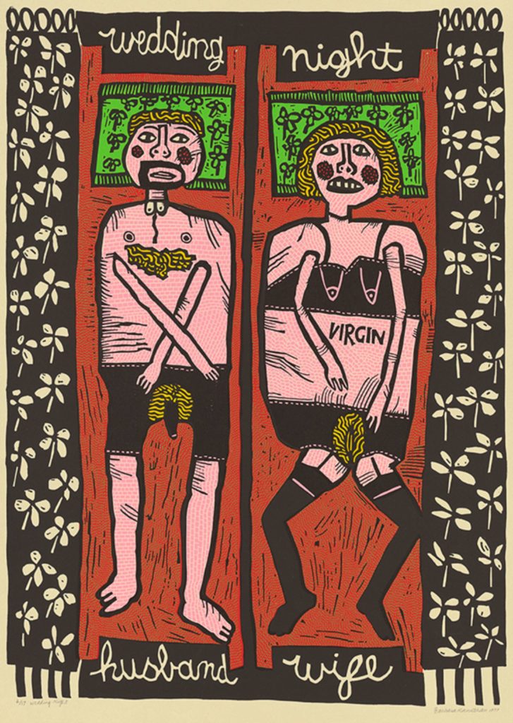 Barbara Hanrahan, Wedding night, 1977. Screenprint, colour inks on buff paper, 64.5 x 46.7 cm (image), ed 2/17. Flinders University Museum of Art, Adelaide 5770. © the Estate of the artist, courtesy Susan Sideris 2020