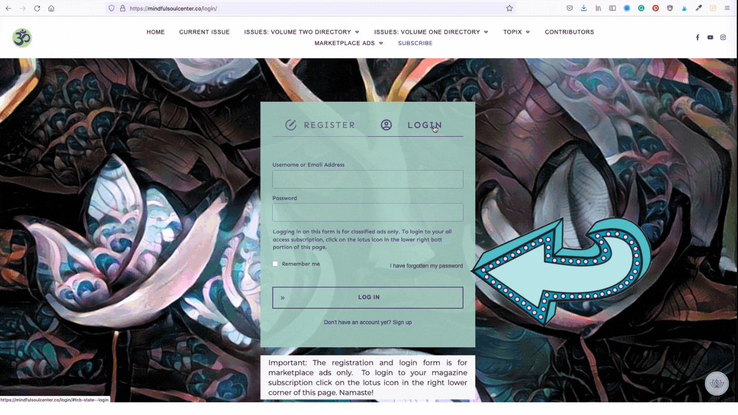 I have forgotten my password Mindful Soul Center magazine marketplace login