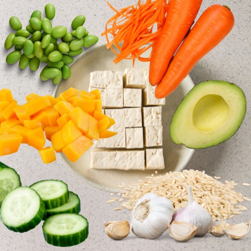 some of the ingredients for a toful poke bowl recipe by shelley smith