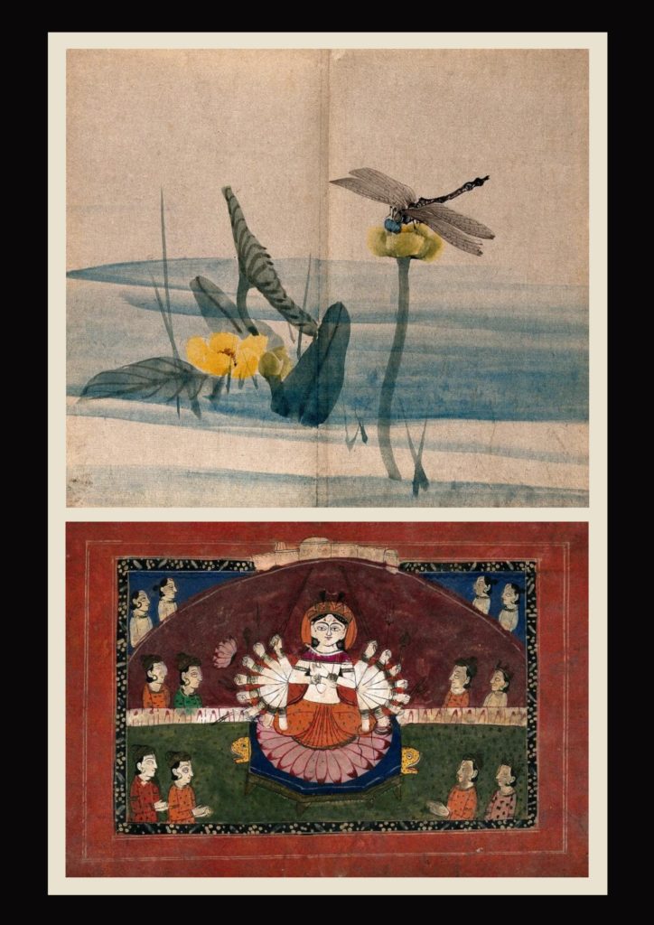 Top portion: A dragonfly on a lotus flower (Nelumbo species) held above the water. Watercolour from the Wellcome Collection. Bottom portion: from the Wellcome Collection, Durga on a lotus with all her weapons surrounded by devotees. Gouache drawing.