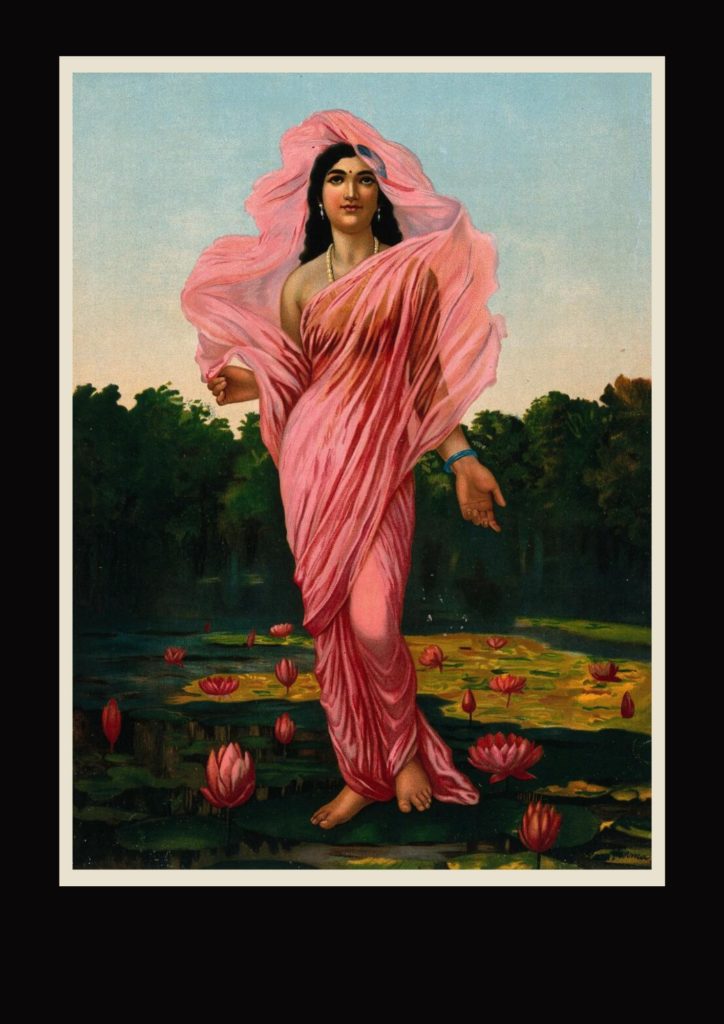 Padmini, the Lotus lady: Chromolithograph by Ravi Varma, 1848-1906. on dark background the Mindful Soul Center magazine