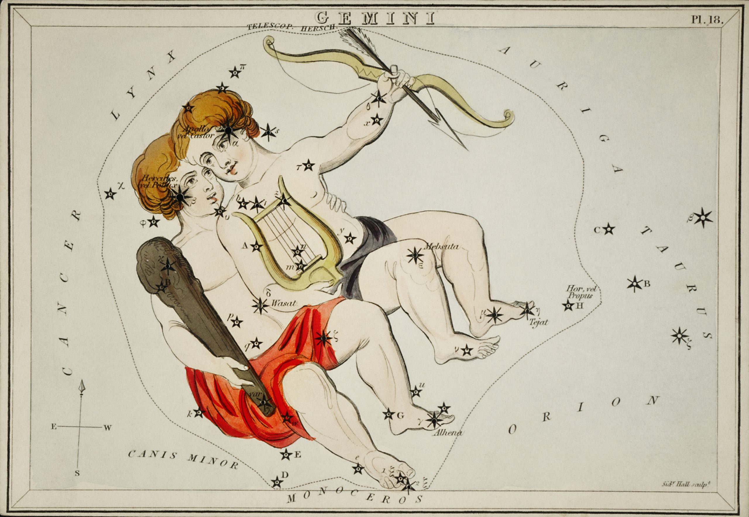 Artist Sidney Hall (1831) astronomical chart illustration of the zodiac Gemini.